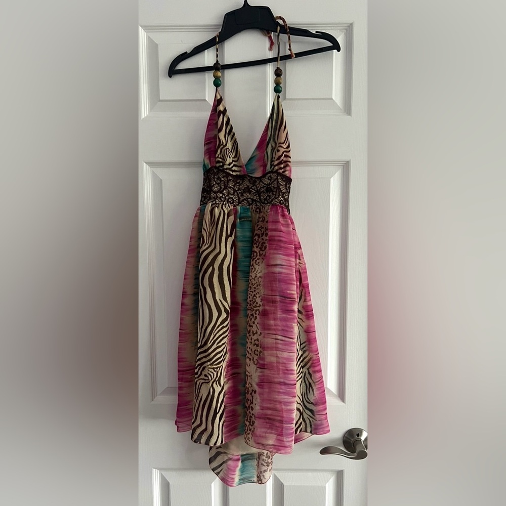 Tricia Fix Halter Boho Dress Pink, Teal Animal Print - Beaded Crochet M